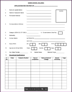 Sainik School Nalanda Recruitment Application Form 2022