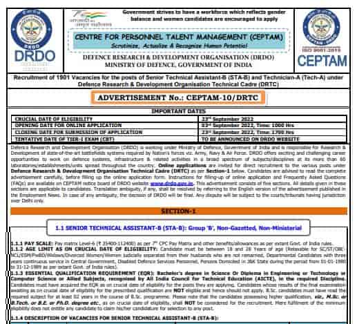 DRDO CEPTAM 10 Recruitment 2022  