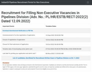 IOCL Pipelines Division Non Executive Admit Card 2022