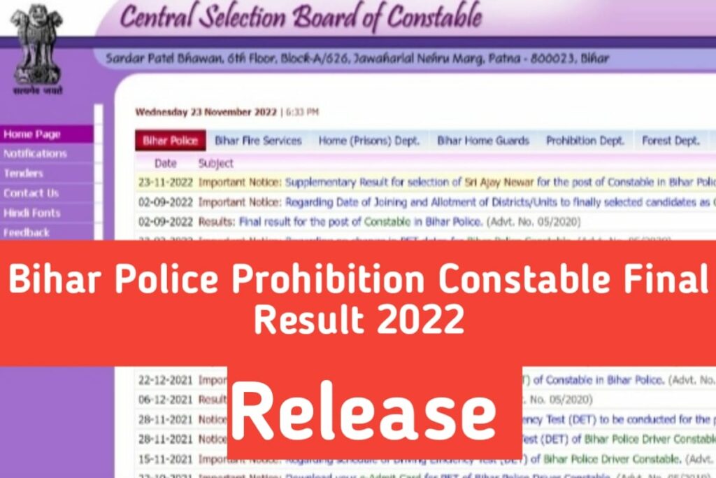 Bihar Police Prohibition Constable Final Result 2022