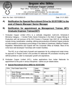 Hindustan Copper Limited Recruitment 2023