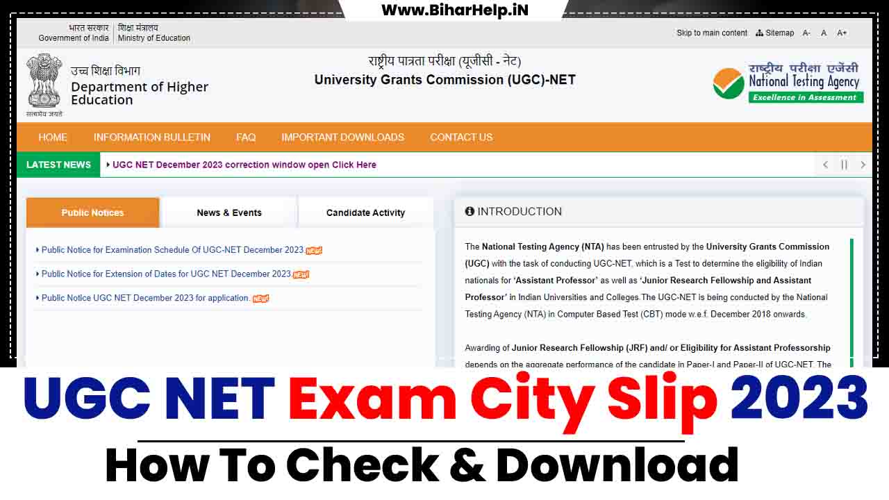 UGC NET Exam City Slip 2023