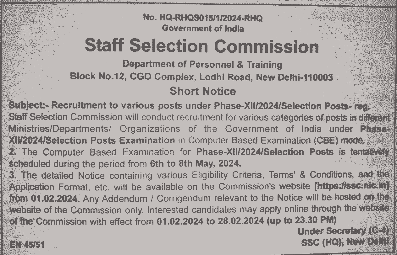SSC Selection Post Phase 12 Notification 2024