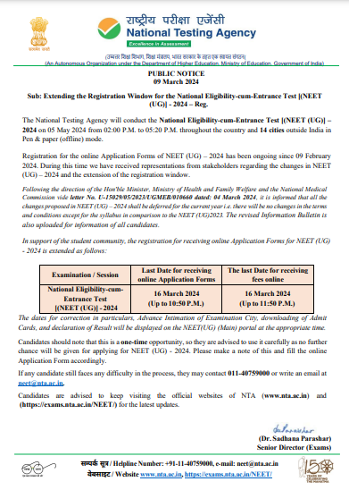 NEET 2024 Registration Last Date Extended Official Notice PDF 