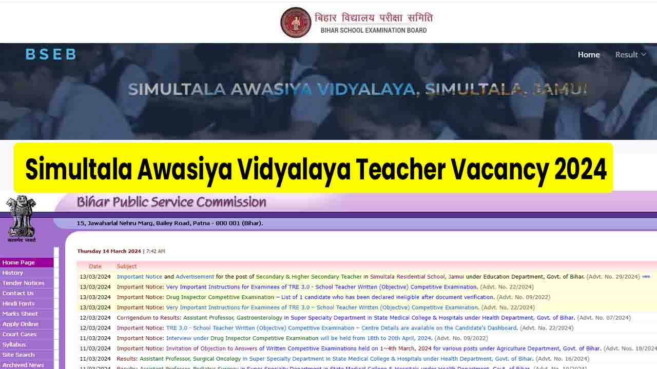 Simultala Awasiya Vidyalaya Teacher Vacancy 2024 Online Apply Start, Notification (Out) @bpsc.bih.nic.in Storiesviewforall