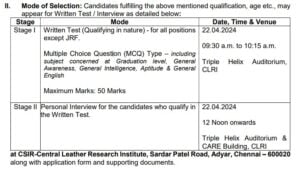 CSIR CLRI Recruitrment 2024 Exam Schedule