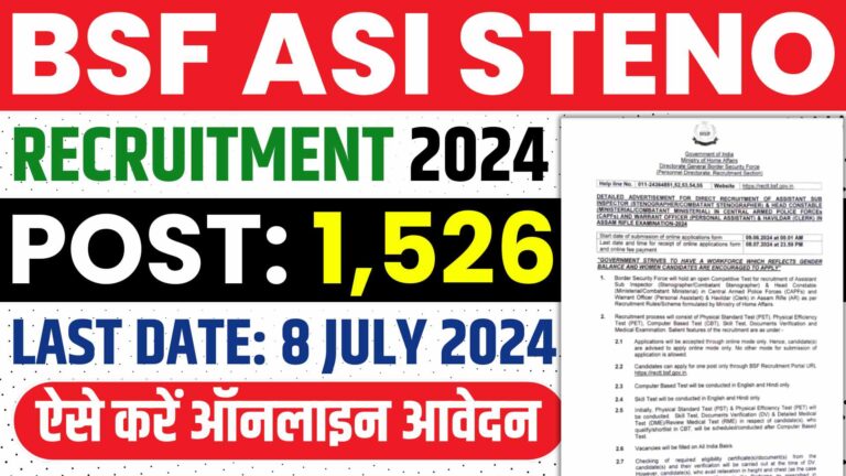 BSF ASI Steno Recruitment 2024 Online Apply For 1526 Post Start 12th Pass Notification