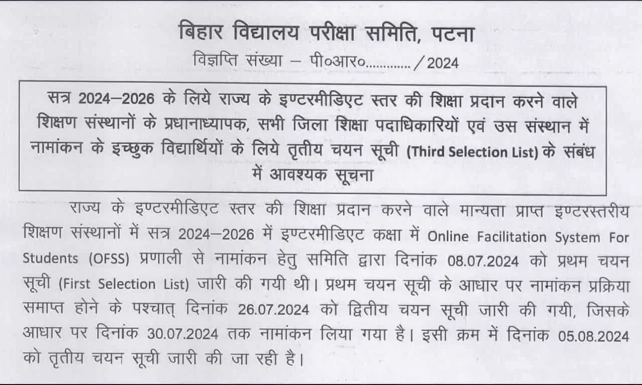 Bihar Board Inter 3rd Merit List 2024