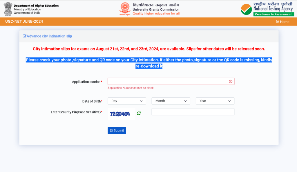 UGC NET Exam City Slip 2024