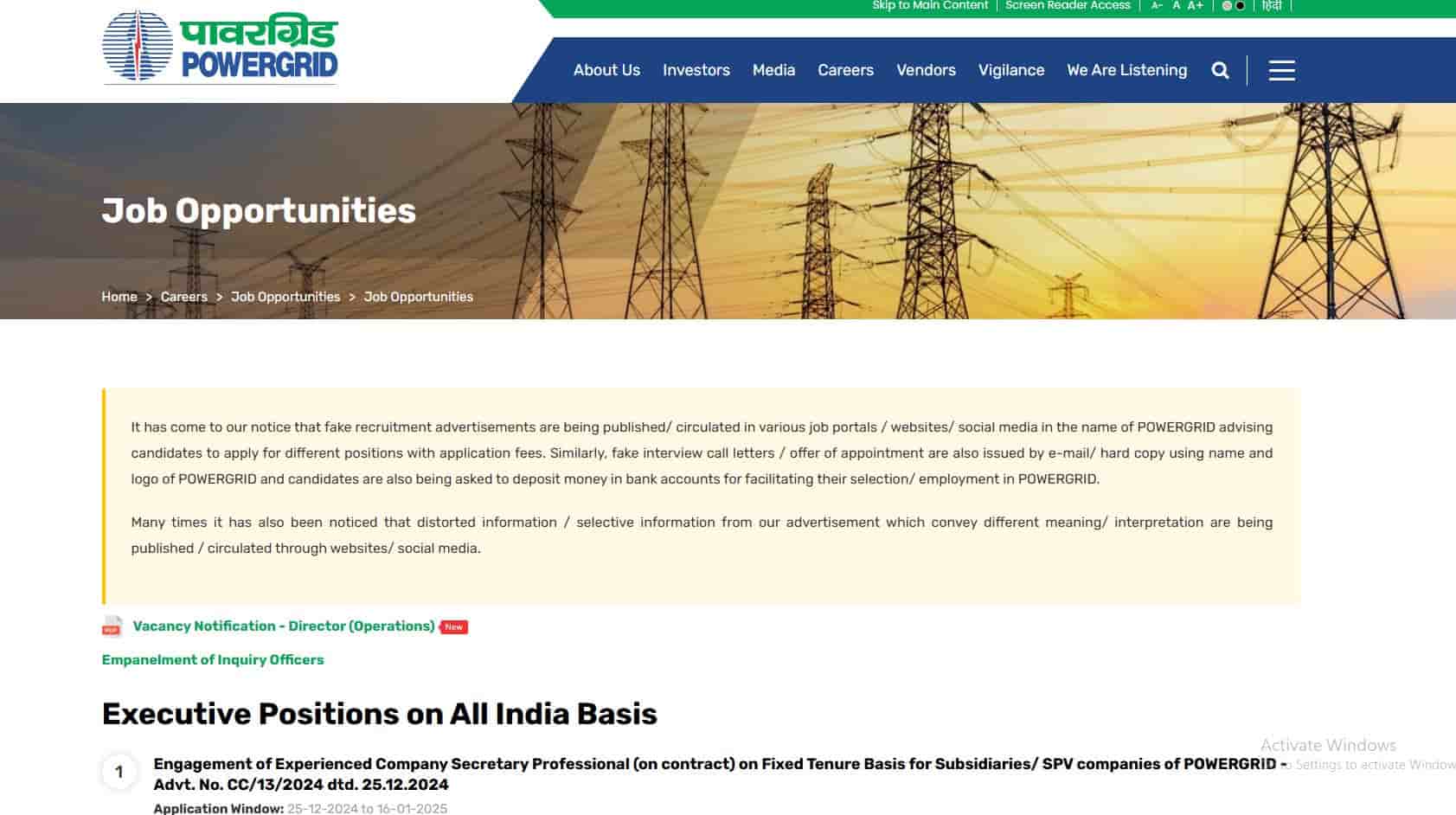 PGCIL Field Supervisor & Engineer Recruitment 2025 Official Website Screenshot.