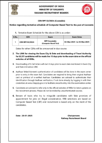 RPF Constable Exam Date 2025