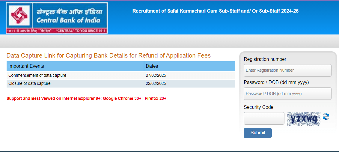 Central Bank of India Safai Karamchari Fee Refund