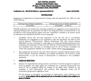 RRC WCR Apprentices Recruitment 2025 Notification