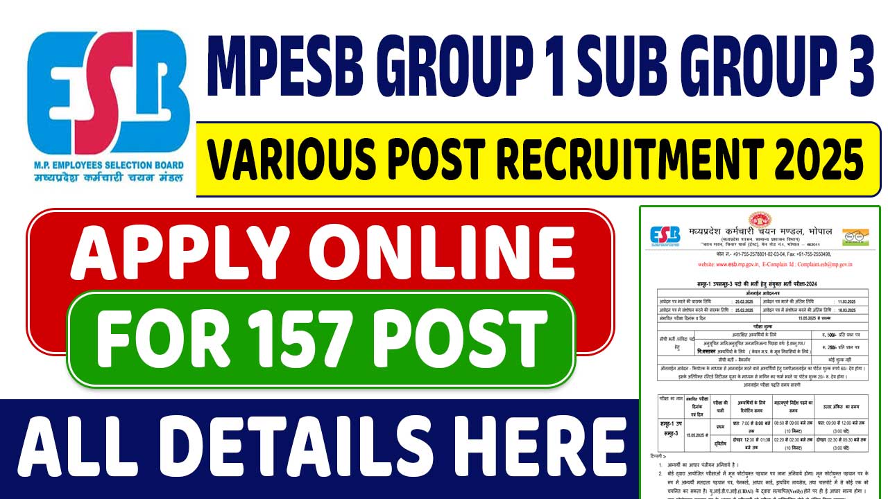 MPESB Group 1 Sub Group 3 Various Post Recruitment 2025