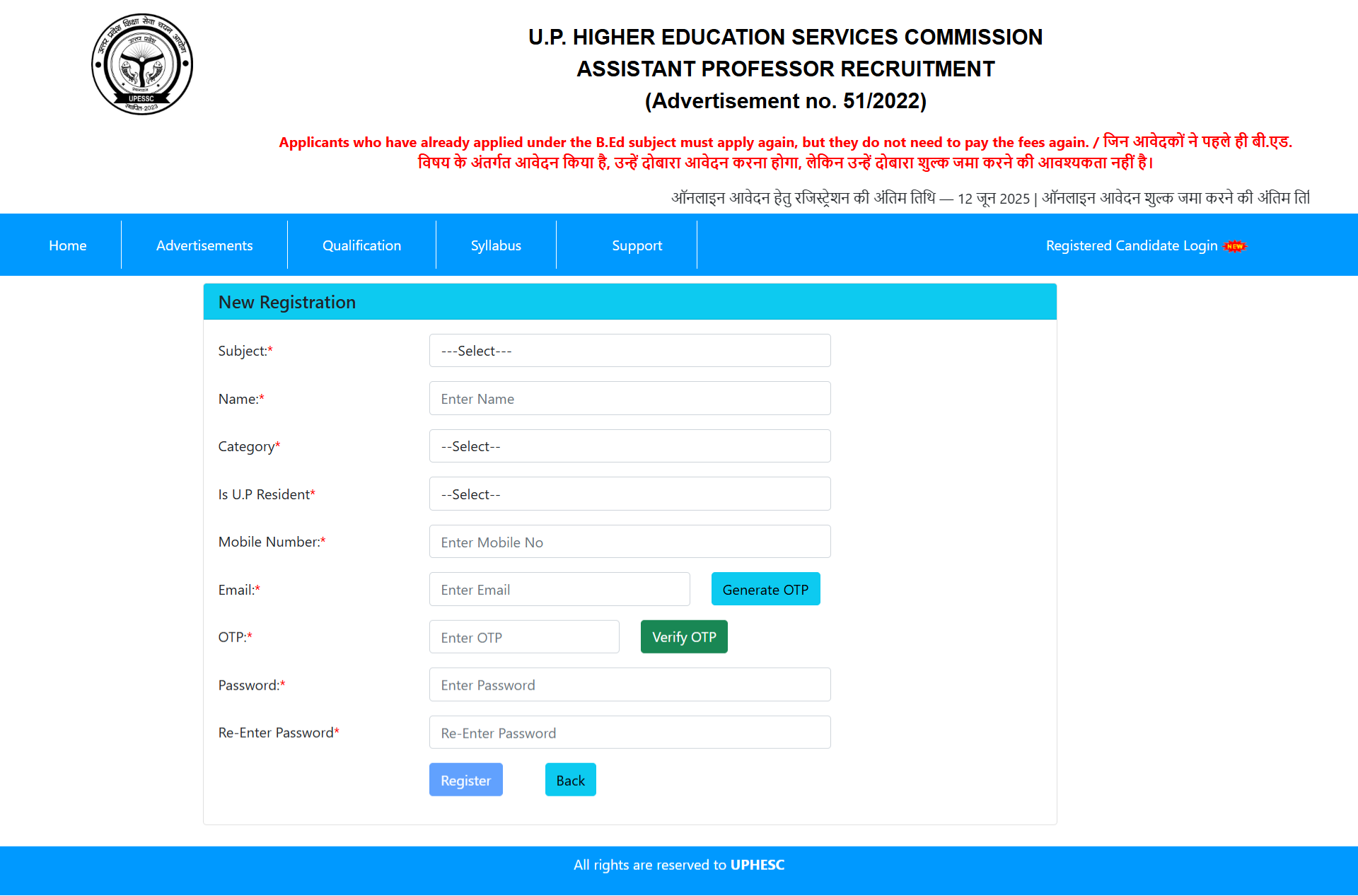 How to Fill Online Application Form for UPSESSB Assistant Professor Recruitment 2025