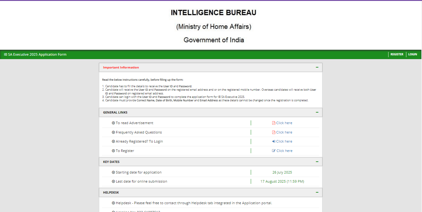 IB Security Assistant Vacancy 2025 Official Website Screenshot.