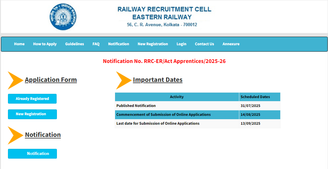RRC ER Apprentice Recruitment 2025 RRC ER Apprentice Recruitment 2025 Official Website Screenshot.