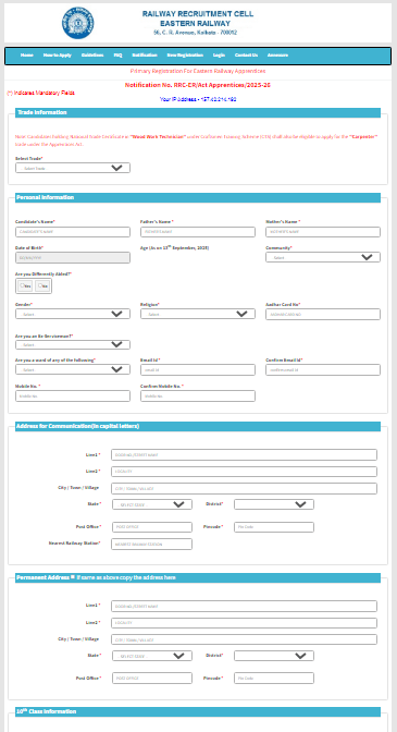 RRC ER Apprentice Recruitment 2025 RRC ER Apprentice Recruitment 2025 Official Website Screenshot.
