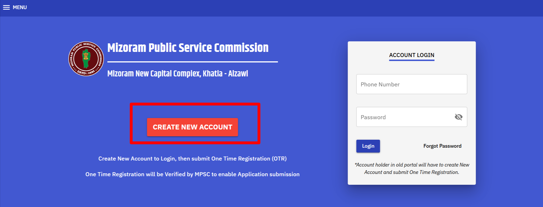 Mizoram PSC Recruitment 2025 New Account Creation Option Page