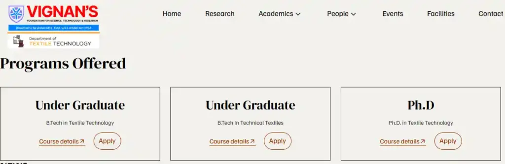 B.Tech in Textile Engineering Course Vignan’s University website showing B.Tech in Textile Engineering Course, Technical Textiles, and Ph.D. programs under Textile Department