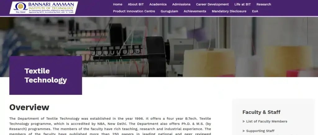 B.Tech in Textile Engineering Course Bannari Amman Institute website showing Textile Technology department offering B.Tech, Ph.D., and M.S. research programs
