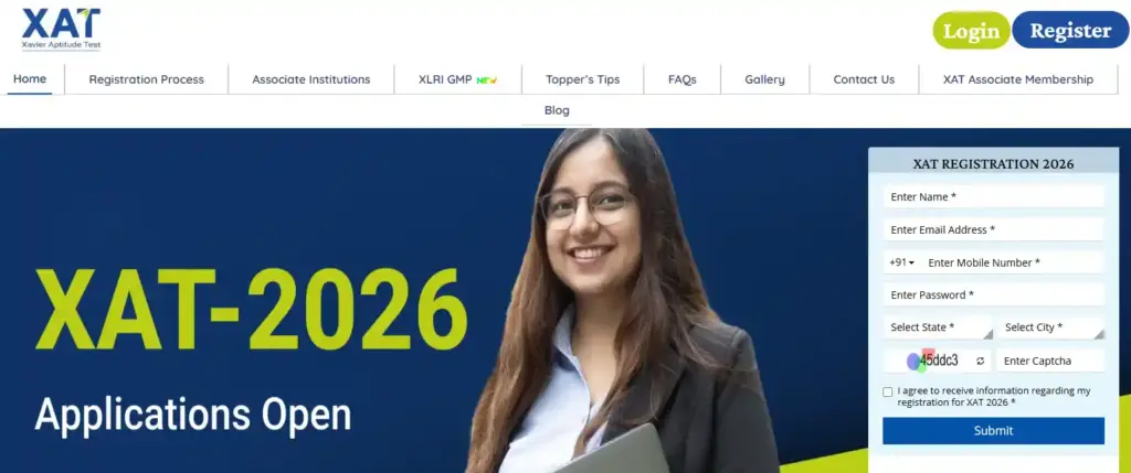 XAT 2026 official website homepage showing application form for MBA entrance exam with a smiling female student