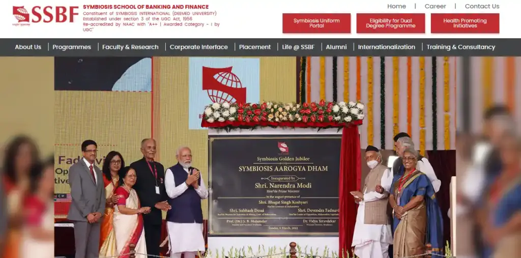 Website homepage of Symbiosis Aarogya Dham at SSBF, Symbiosis School of Banking and Finance