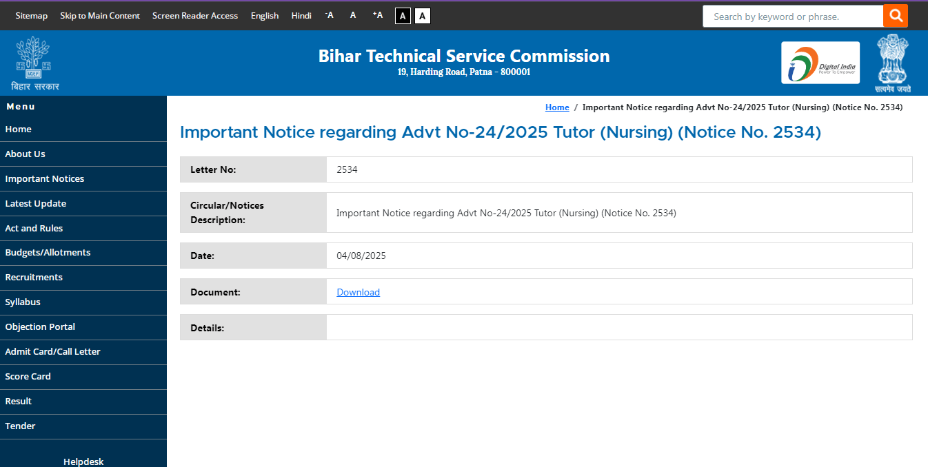 BTSC Tutor Nursing Admit Card 2025 Official Website Screenshot.