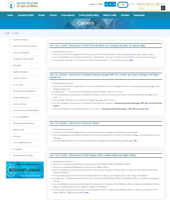 BRBNMPL Recruitment 2025 Official Website Screenshot.