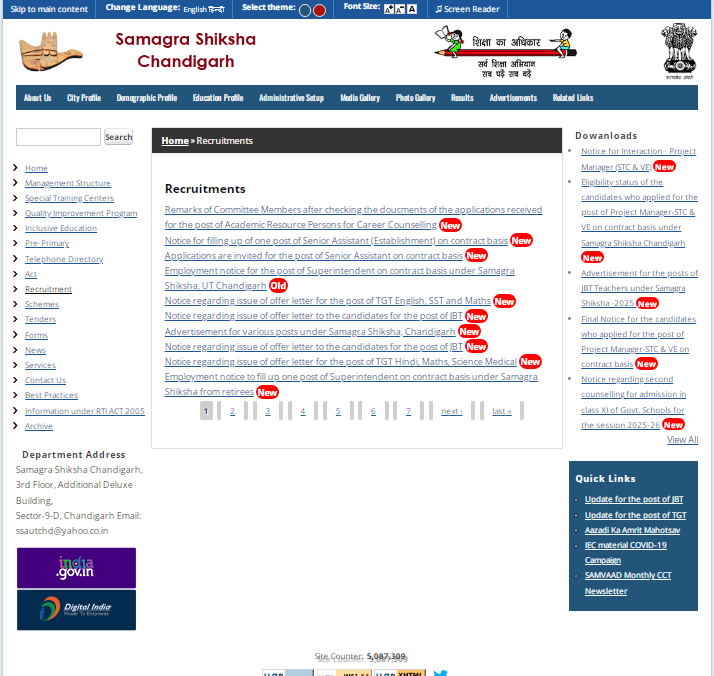 SSA Chandigarh TGT Recruitment 2025 Official Website Scrrenshot.