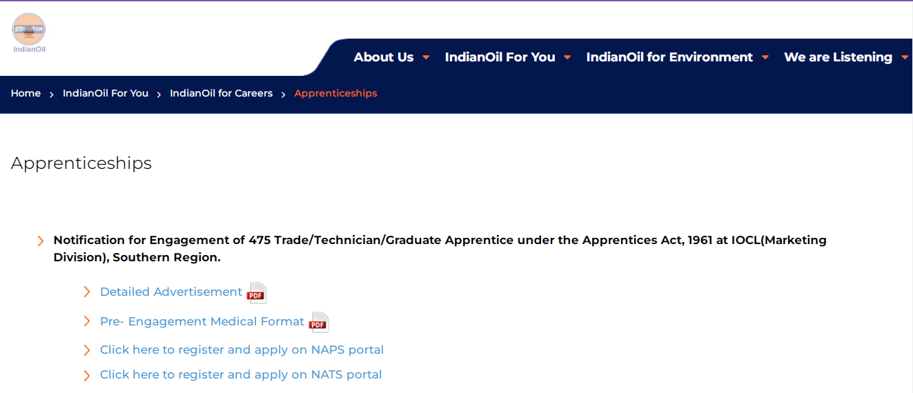 IOCL SR Apprentice Recruitment 2025 Official Website Screenshot.