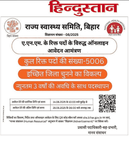 Bihar ANM Vacancy 2025 Official Notification Screenshot.