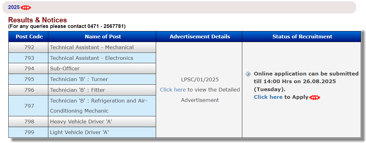 ISRO LPSC Recruitment 2025 Official Website Screenshot.