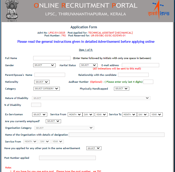 ISRO LPSC Recruitment 2025 Official Website Screeshot.