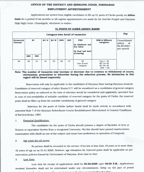 Faridabad Court Clerk Recruitment 2025 Official Notification Screenshot.