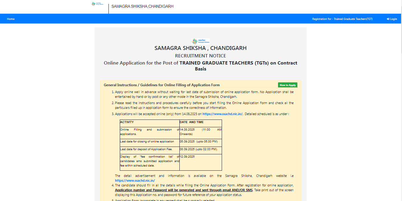 SSA Chandigarh TGT Recruitment 2025 Official Website Screenshot.
