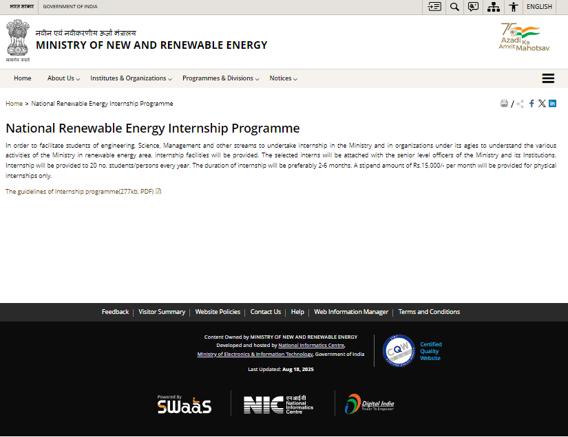 National Renewable Energy Internship Programme Official Website Screenshot.