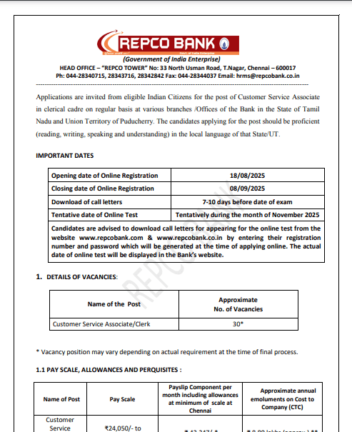 REPCO Bank Clerk Recruitment 2025 REPCO Bank Clerk Recruitment 2025 Official Notification Screenshot.