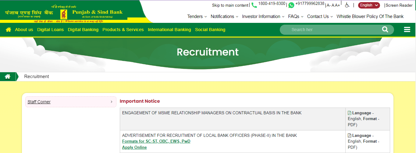 Punjab And Sind Bank LBO Recruitment 2025 Punjab And Sind Bank LBO Recruitment 2025 Official Website Screenshot.