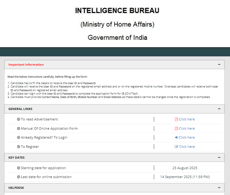 Intelligence Bureau (IB) JIO Tech Vacancy 2025 Official Website Screenshot.