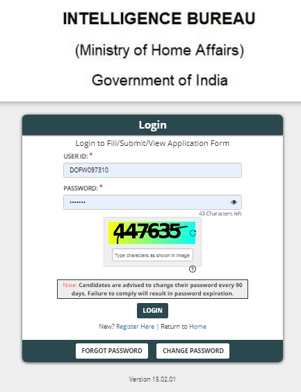Intelligence Bureau (IB) JIO Tech Vacancy 2025 Official Website Screenshot.