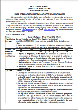 Intelligence Bureau (IB) JIO Tech Vacancy 2025 Official Notification Screenshot.