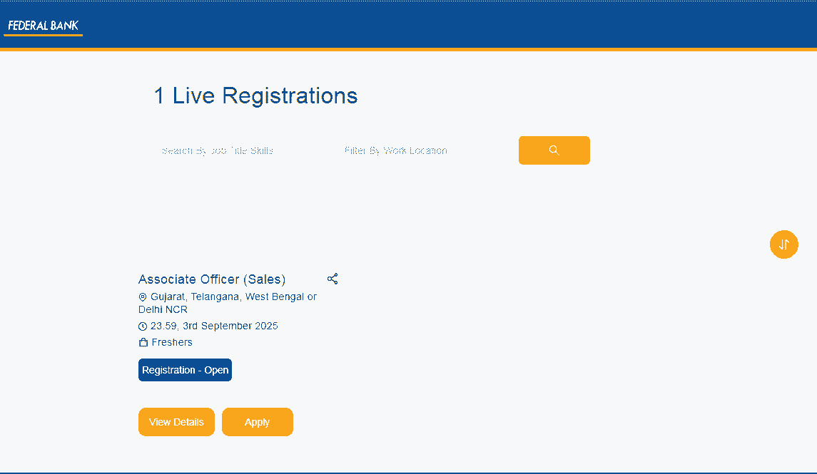 Federal Bank Associate Officer Sales Recruitment 2025 Official Website Screenshot.