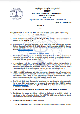 NEET PG Scorecard 2025 Official Result Notification Screenshot.