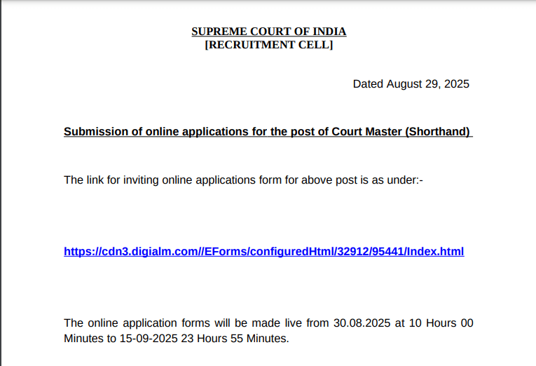 SCI Court Master Vacancy 2025 SCI Court Master Vacancy 2025 Official Website Screenshot.