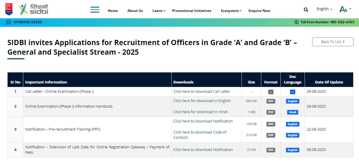 SIDBI Grade A & B Post Admit Card 2025 Official Website Screenshot.