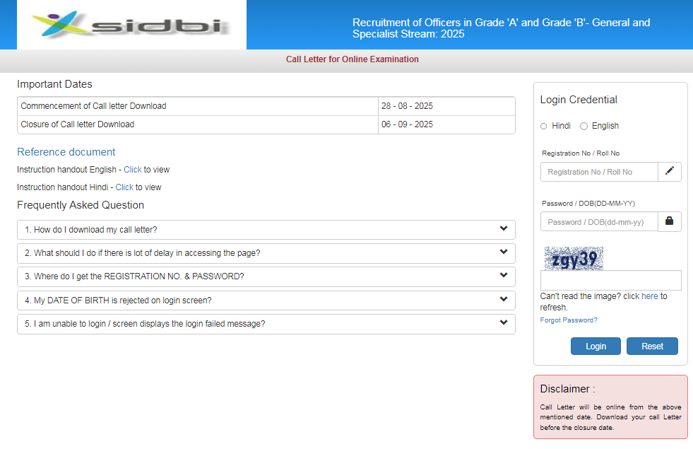 SIDBI Grade A & B Post Admit Card 2025 Official Advertisement Screenshot.