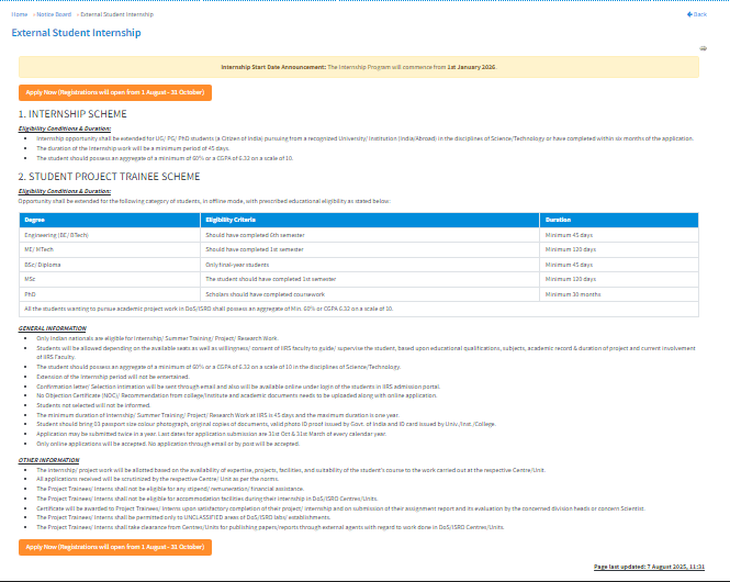 ISRO INTERNSHIP 2025 ISRO INTERNSHIP 2025 Official Website Screenshot.