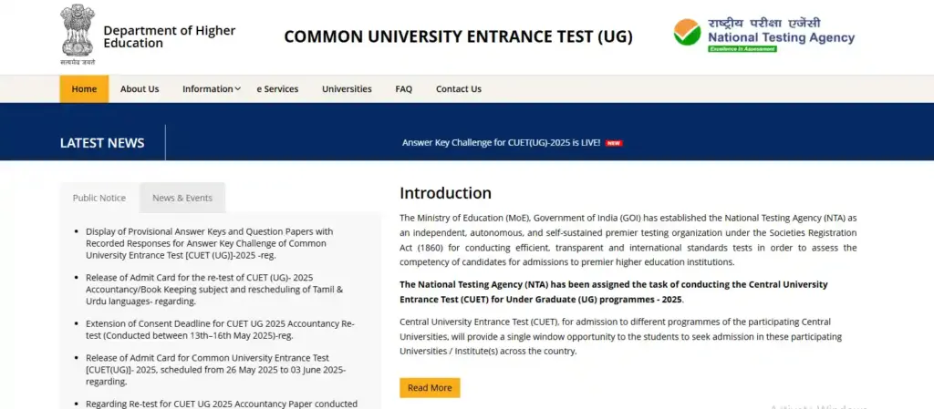 Official CUET UG 2025 website homepage for entrance to B.A. (Hons.) in Economics Course and other UG programs