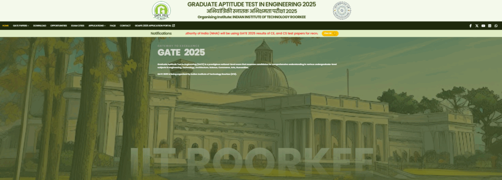GATE (Graduate Aptitude Test in Engineering) website image offers M.Tech in CSE course entrance exam 2025